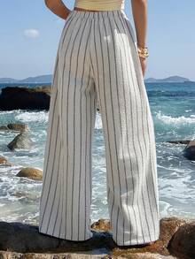 DAZY Women's Tie Waist Striped Wide Leg Loose Casual Pants - Apricot - View 2