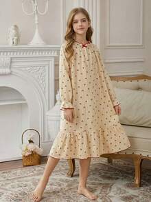 Girls' Korean Ins Style Sweet Cherry Print Bicolor Soft Cotton Dress With Ruffle Hem And Cuffs, Suitable As Casual Nightgown - Multicolor - View 4