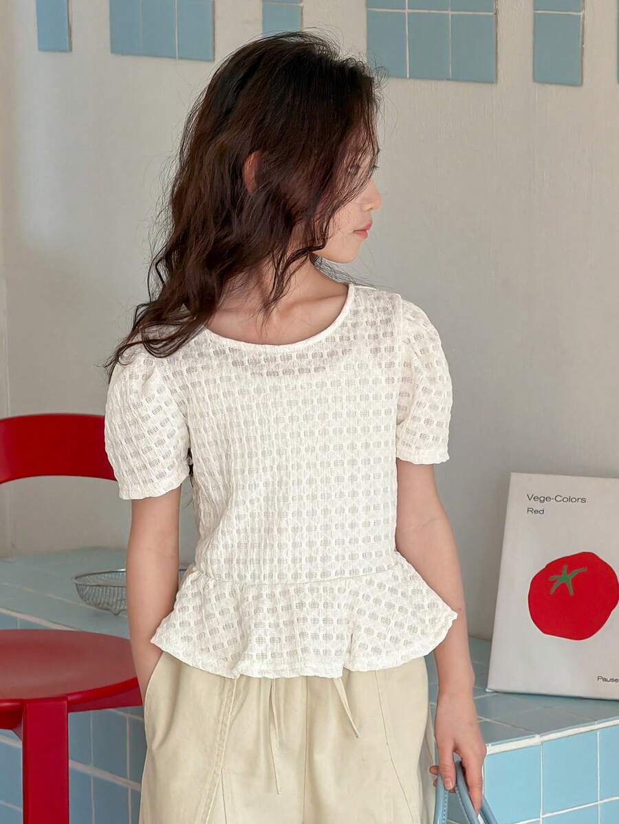 DAZY Áo thun dệt kim tay ngắn cổ tròn dáng phồng cho bé gái tuổi teen, thích hợp mặc mùa thu hè. - Màu be - Xem 1