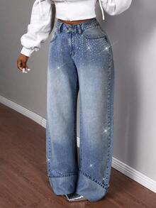 Slaydiva Women's Casual Washed Rhinestone Straight-Leg Jeans - Light Wash - View 3