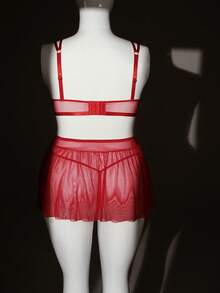 SHEIN 情人节加大码经典性感红色浪漫爱心蕾丝网纱上衣+丁字裤+迷你裙三件套 - 紅色 - 查看 9