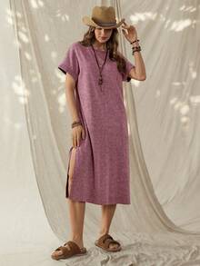 Wildy Đầm nữ phong cách BOHO giản dị kiểu miền Tây nước Mỹ cổ điển, xẻ tà, thích hợp mặc hàng ngày vào mùa xuân/hè, dài ngang gối, đi làm hoặc dự lễ hội âm nhạc. - Màu tím - Xem 6