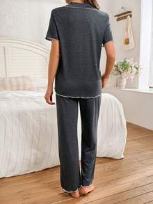 2pcs Solid Color Comfortable Knit Collared Short Sleeve Cardigan And Pants Maternity Loungewear Set - Dark Grey - View 2