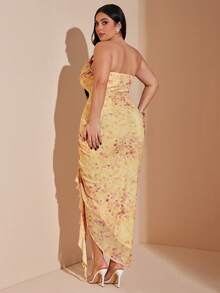 SHEIN BAE 大码优雅印花长款开衩吊带连衣裙,夏季 - 彩色 - 查看 3