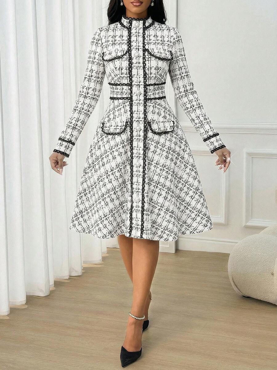 SHEIN Lady 女士立领插肩袖优雅中长连衣裙 - 白色 - 查看 1