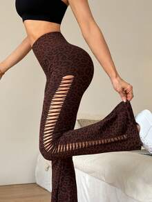 Slayform Women's Casual Sports Leopard Print High Waist Flare Leggings Yoga Flare Pants Women Flare Leggings Cut Out Leggings Flared Leggings Wide Leg Brown Leggings - Brown - View 4
