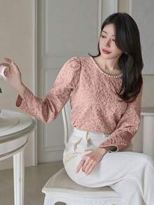 DAZY 女士优雅纯色纹理圆领泡泡袖串珠T恤，秋季 - 粉色 - 查看 5