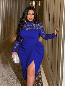 NU&NOW Vestido de fiesta de manga larga con cuello alto, parches de encaje y abertura, ajustado, para mujer de talla grande, otoño/invierno - azul real - Ver 3