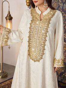 Al Najma Plus Size  Style Women's Elegant Beaded Decor Simple Fashion Arabic Dress - Apricot - View 6