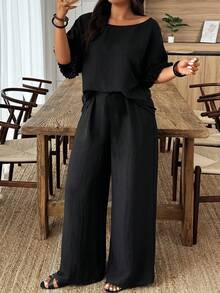 SHEIN PETITE CURVE 大码女式圆领荷叶袖宽松休闲连体裤套装，春夏款 - 黑色 - 查看 3