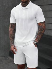 Manfinity CasualCool 男士纯色休闲短袖 Polo 衫短裤套装 男士休闲上衣和裤子套装 男士两件套夏季套装 男士两件套服装 白色 - 白色 - 查看 4