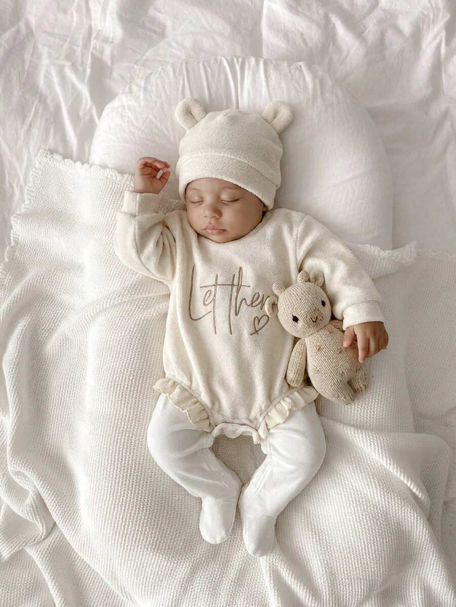 2件套新生儿柔软毛绒连体衣套装，秋冬季，可爱爱心和英文刺绣，长袖连体衣带帽子 - 杏色 - 查看 1