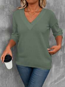 EMERY ROSE Olive Green V-Neck Long Sleeve T-Shirt, Plus Size