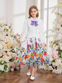 Tween Girl Bow Ruffle Trim Long Sleeve Blouse And Floral Print Pleated Skirt Set - White - View 6