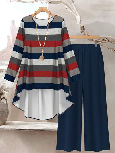 SHEIN Lacomfia Dam Plus Size Vintage Vitt, Röd & Grå Randigt Mönster Vårmode Rund Hals Långärmad Asymmetrisk Fåll Lös Topp & Byxor 2 Delat Set