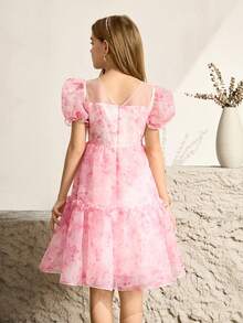 Pink Floral Summer Elegant Party Dress,Mesh Overlay Crew Neck Puff Sleeve Cake Dress For Tween Girls Graduation,Wedding,Flower Girl Princess Dress - Pink - View 2