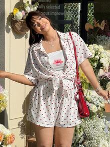 GalTyme Conjunto de 2 piezas de camisa y pantalones cortos con estampado de corazón, de talla grande y estilo casual de verano - Blanco - Ver 2