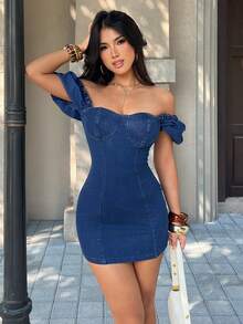 SHEIN PETITE 性感修身迷你牛仔连衣裙，夏季 - 藍色 - 查看 1