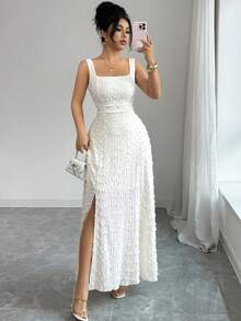 Elenzga Nuevo vestido de punto texturizado sin mangas con cuello cuadrado, diseño de lazo en la espalda abierta, elegante vestido ajustado para fiesta - Albaricoque - Ver 8