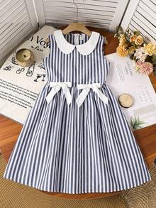 SHEIN 少女撞色拼接彼得潘领条纹休闲无袖连衣裙 - 藍白色 - 查看 1