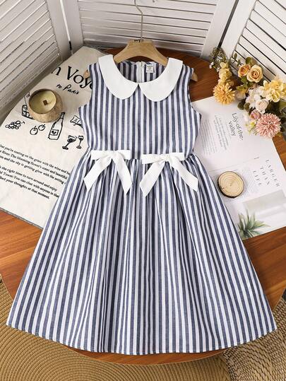 SHEIN 少女撞色拼接彼得潘领条纹休闲无袖连衣裙