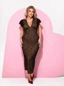 Plus Size Heart Pattern V-Neck Short Sleeve Dress, 2026 New Year, For Hourglow & Hourglass Body Shape Valentine's Day Outfit - Black - View 6
