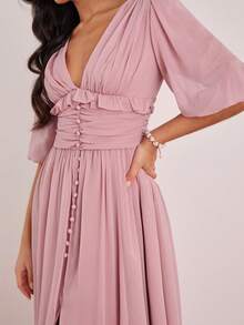 Enchnt Spring/Summer Women's Elegant V-Neck Ruched Waist Lantern Sleeve Midi Dress, Valentine's Day Outfit,Elegant Long Dresses For Party ,Wedding Dresses,Pink Dress - Pink - View 6