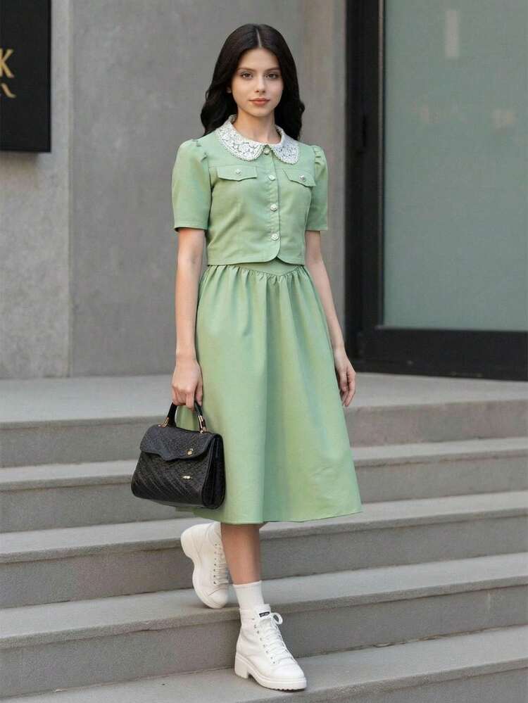 SHEIN رمضان مجموعة ملابس مراهقين، ملابس علوية ذات أكمام منتفخة مطرزة باللون الأخضر والأبيض الأنيق، وتنورة طويلة بلون أحادي بسيط، مناسبة للاستخدام اليومي والحفلات والمناسبات الكاجوال، قطعتان - أخضر - مشاهدة 1