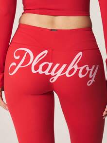 Missguided x Playboy High Waisted Red Flare Leggings With Script Logo Fitness Running Yoga Pants - Red - View 2