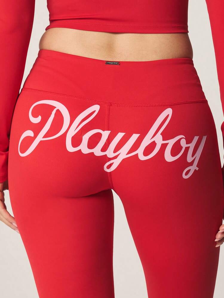 Missguided x Playboy High Waisted Red Flare Leggings With Script Logo Fitness Running Yoga Pants