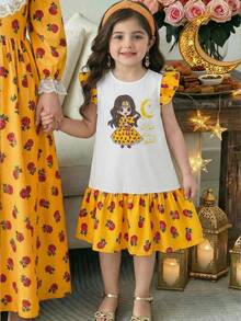 SHEIN Young Girl Star & Moon Cute Cartoon & Ditsy Floral Print Ruffle Hem Dress - White - View 1