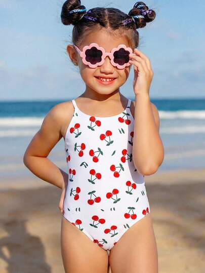 SHEIN 1 pieza Traje de baño de una sola pieza con estampado de cerezas lindo para niñas pequeñas, adecuado para vacaciones en la playa