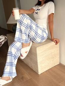 Dream Adore 女士泡泡纹理格纹印花睡衣套装 - 罗纹上衣和裤子 - 白色 - 查看 8