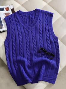 Claim Dot 男士纯色V领扭结针织休闲百搭毛衣背心 - 寶藍色 - 查看 5