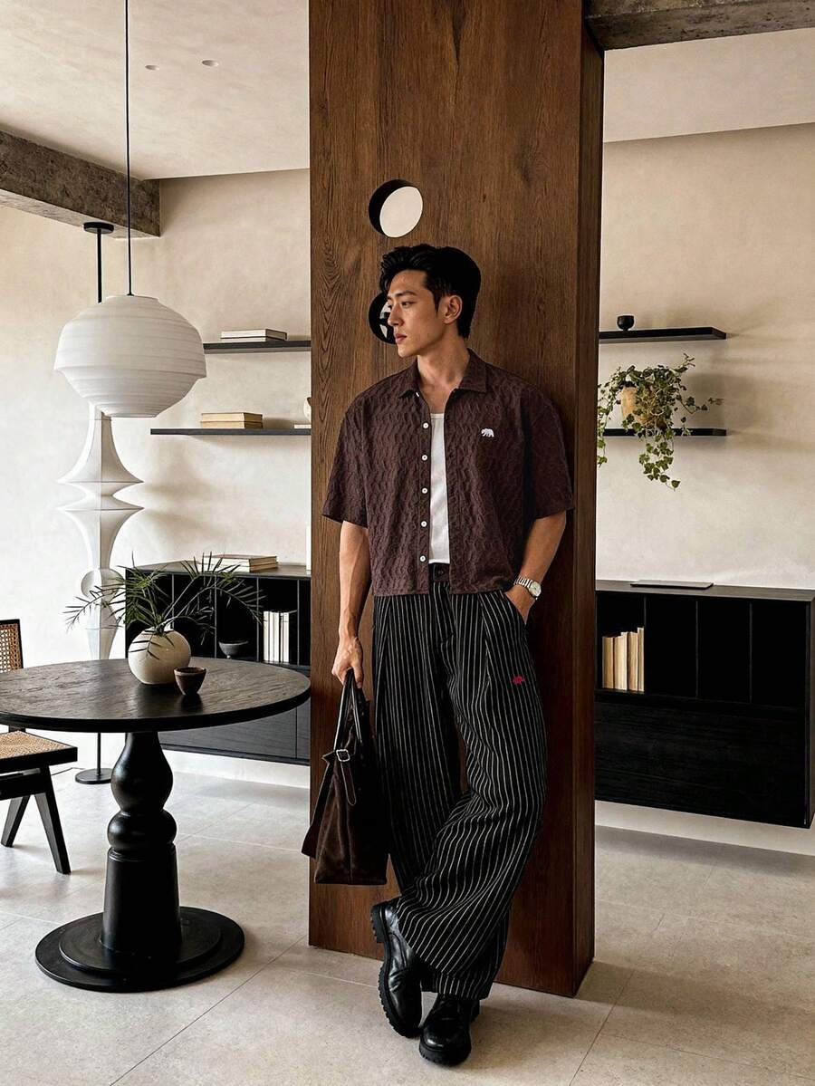 Manfinity BRENVOR Men's Casual Suit Pants Stylish Patchwork Waistband Design Exquisite Embroidery Craftsmanship Daily Casual Wear - Black - View 1