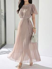 Elegant Pleated Short Sleeve Long Dress For Commuting Long Pleated Dress Summer Elegant Dress - Khaki - View 4