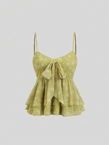 Sweetra Women's Casual Floral Ruffle Trim Camisole Top & Comfortable Versatile Shorts 2 Pieces Set, Spring/Summer - Green - View 3