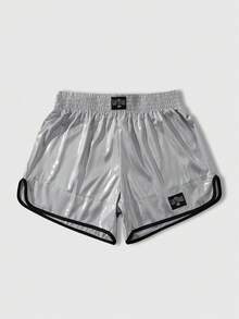 ROMWE MEN Men's Contrast Trim Elastic Waist Casual Shorts, Summer - Silver - View 1