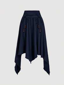 SHEIN MOD Asymmetric Hem Beaded Solid Color Skirt - Navy Blue - View 1