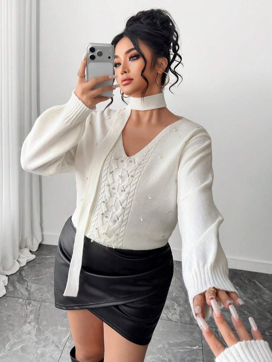 Elenzga Plus Size Pearl & Rhinestone Embellished Long Sleeve Pullover Sweater - Beige - View 1
