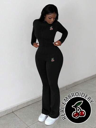 Slaydiva 2件套女士休闲基础款高弹修身长袖拉链上衣和裤子套装/Y2K/返校季/街头风/外出服/情人节/True Cherry刺绣徽章