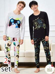 Conjunto de 2 pijamas estilosos para adolescentes, modelo gamer, com modelagem justa. O conjunto preto possui estampa de controle de videogame, enquanto o conjunto branco apresenta detalhes coloridos de controle de videogame. Confeccionados em tecido de malha elástica, proporcionam conforto e são ideais para relaxar e atividades leves, refletindo a vibe jovem dos eSports. - Multicolorido - Ver 4