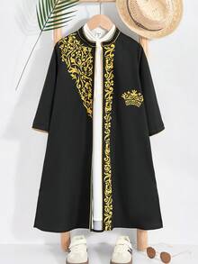 SHEIN 两件套男童复古花卉图案黑色长袍，金色装饰，长袖上衣搭配白色立领长衬衫，适合正式场合、生日派对、锐舞派对、晚宴、演出、婚礼、迎婴派对和一周岁生日庆祝。 - 黑色 - 查看 5