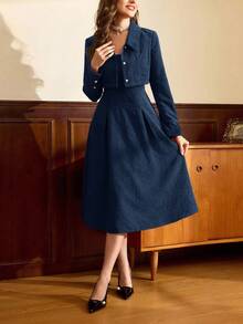 Vintamour 复古优雅两件套灯芯绒方领A字连衣裙长袖短款外套，珍珠纽扣，秋冬女装，女士外套，女士套装，新年礼服，冬季女装外套，两件套，冬季服装，圣诞节女装，圣诞节服装，红色长袖女士两件套，圣诞节女装，圣诞派对礼服，圣诞节服装，感恩节礼服，红色外套，冬季女装套装 - 藏蓝色 - 查看 7