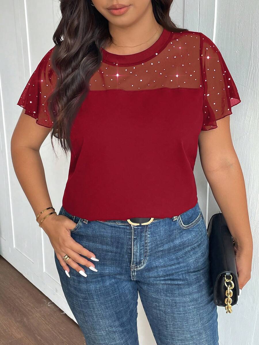 SHEIN Frenchy T-shirt transparent à encolure ronde, empiècement en maille et volants, grande taille - Rouge foncé - Voir 1