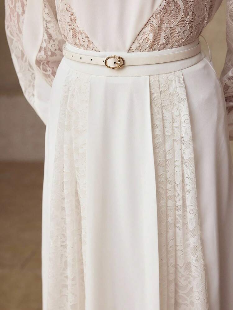 WOMEN'S ROMANTIC LACE PATCHWORK PLEATED A-LINE SKIRT, SUITABLE FOR SPRING/SUMMER