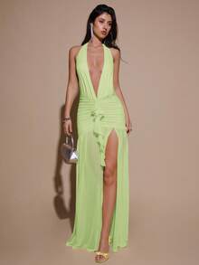 SHEIN BAE Đầm maxi lưới ôm sát cơ thể màu vàng kem trơn, tối giản, cổ chữ V sâu, kiểu yếm, xếp ly, thích hợp cho tiệc tùng, cocktail, các dịp trang trọng, phù dâu, sinh nhật, Giáng sinh, công sở thường ngày, đầm maxi thanh lịch dành cho nữ. - Màu xanh chanh - Xem 7
