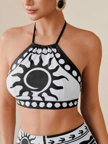 Swim Oasis 女士沙滩度假阳光印花露背比基尼套装，含罩衫和裙子 - 黑與白 - 查看 2