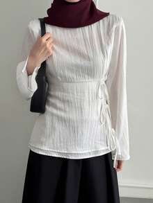 DAZY Spring/Summer Minimalist Design Poetic Old Money Casual Office/Commute Long Sleeve White Blouse For Women - White - View 5