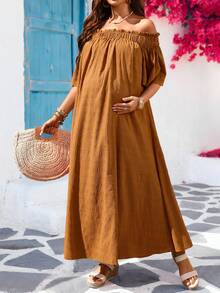 SHEIN Maternity Vacation Brown Solid Color Ruffle Off-Shoulder Pleated Casual Maxi Dress,Summer Boho Holiday Off The Shoulder Long Dress - Orange - View 2